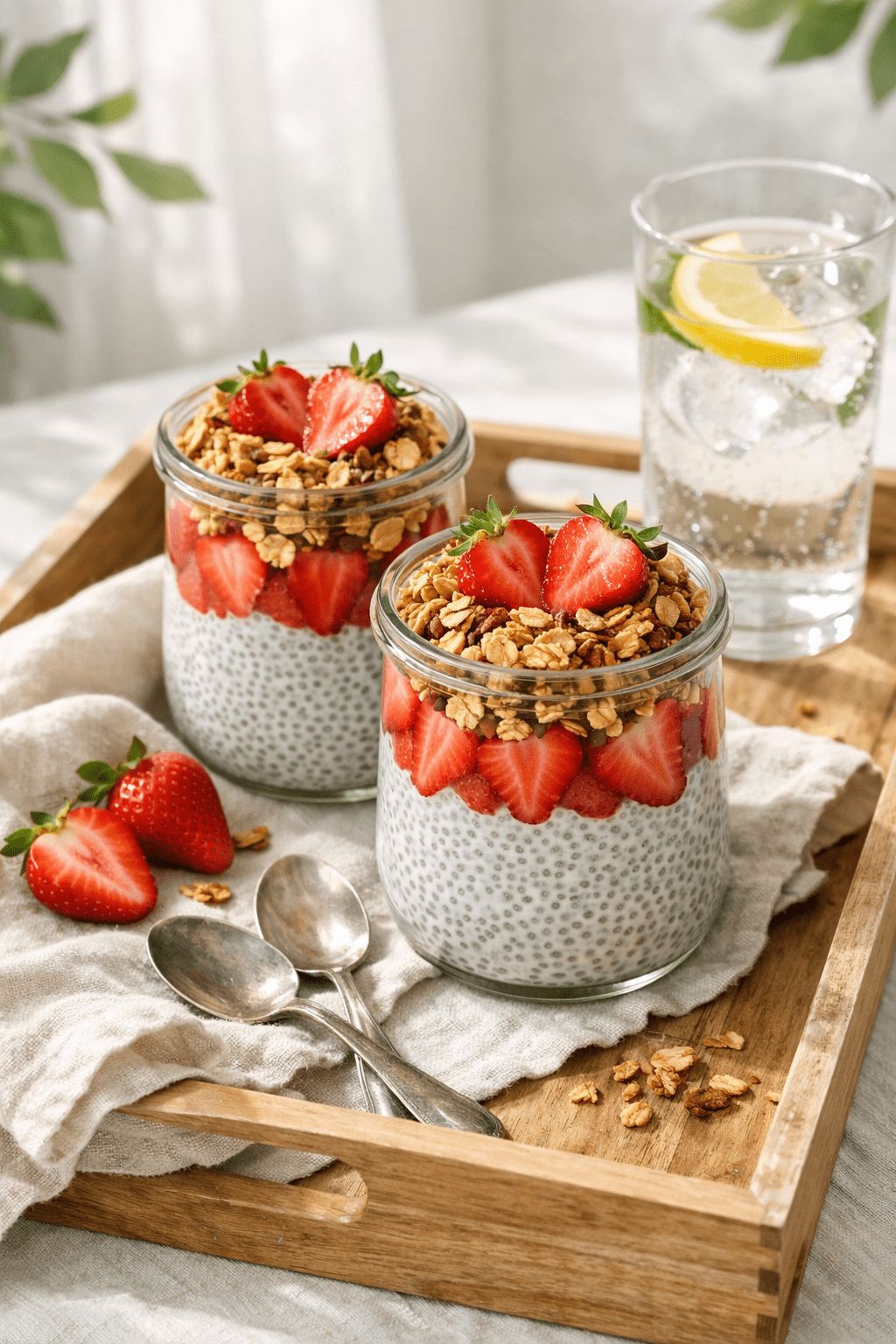 Portrait/Pinterest format () styled serving scene of two finished protein chia seed pudding jars on a wooden breakfast tray