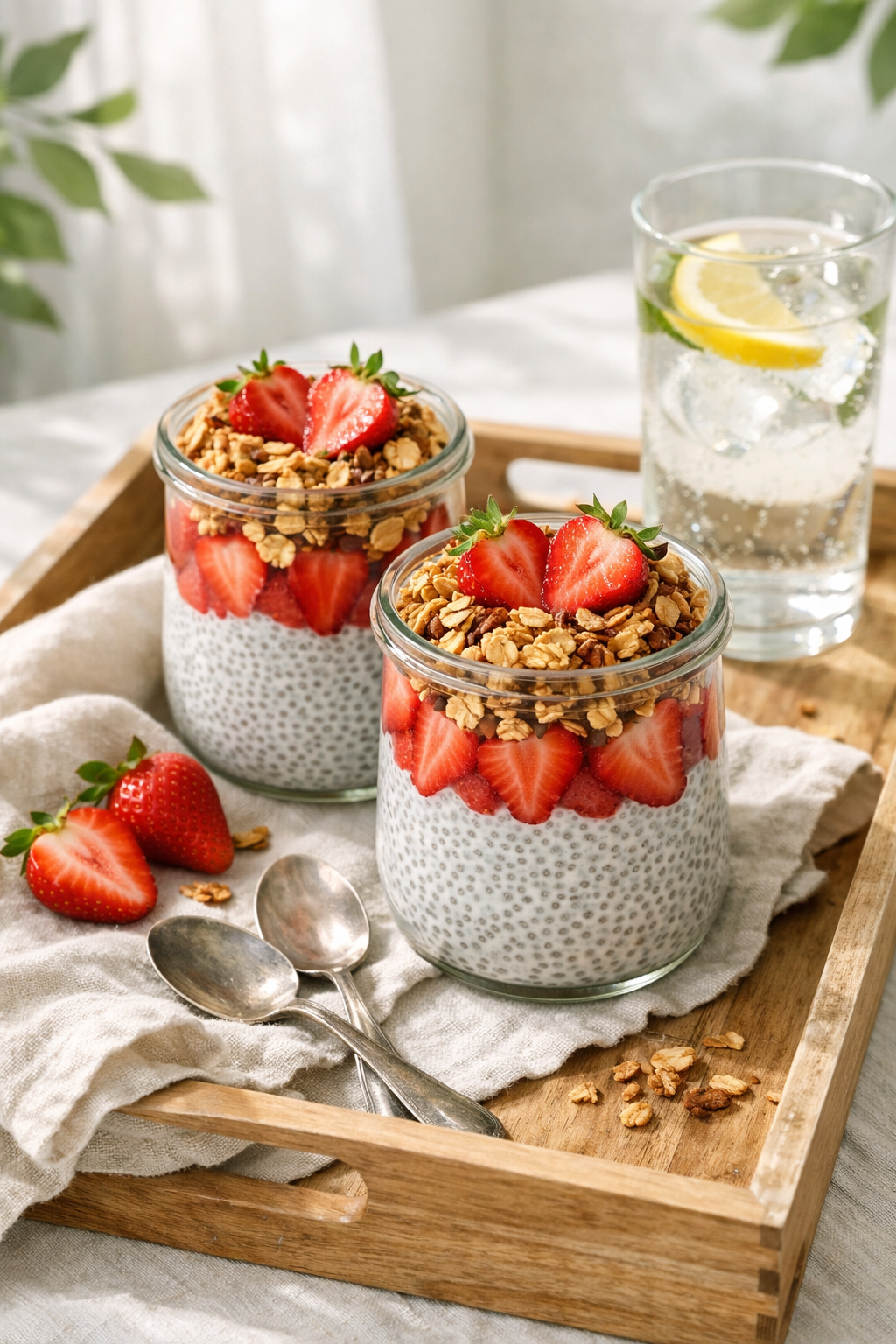 Portrait/Pinterest format () styled serving scene of two finished protein chia seed pudding jars on a wooden breakfast tray