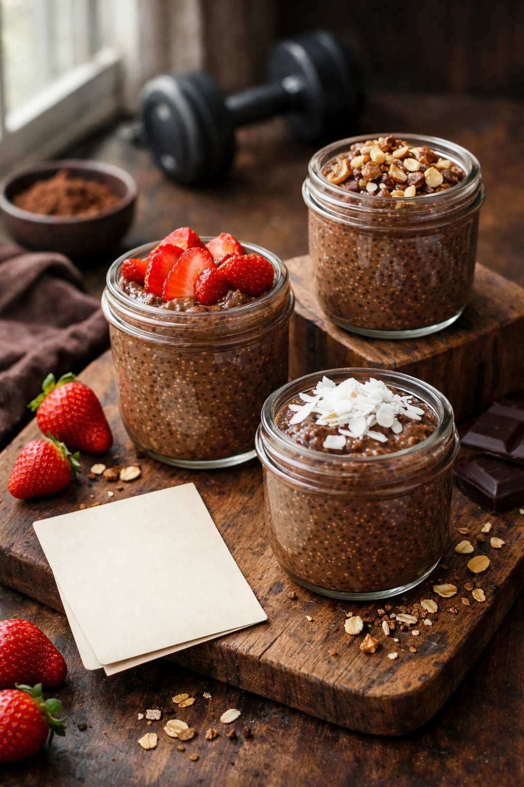 Portrait/Pinterest format () styled shot of three finished chocolate protein chia pudding jars arranged at varying heights