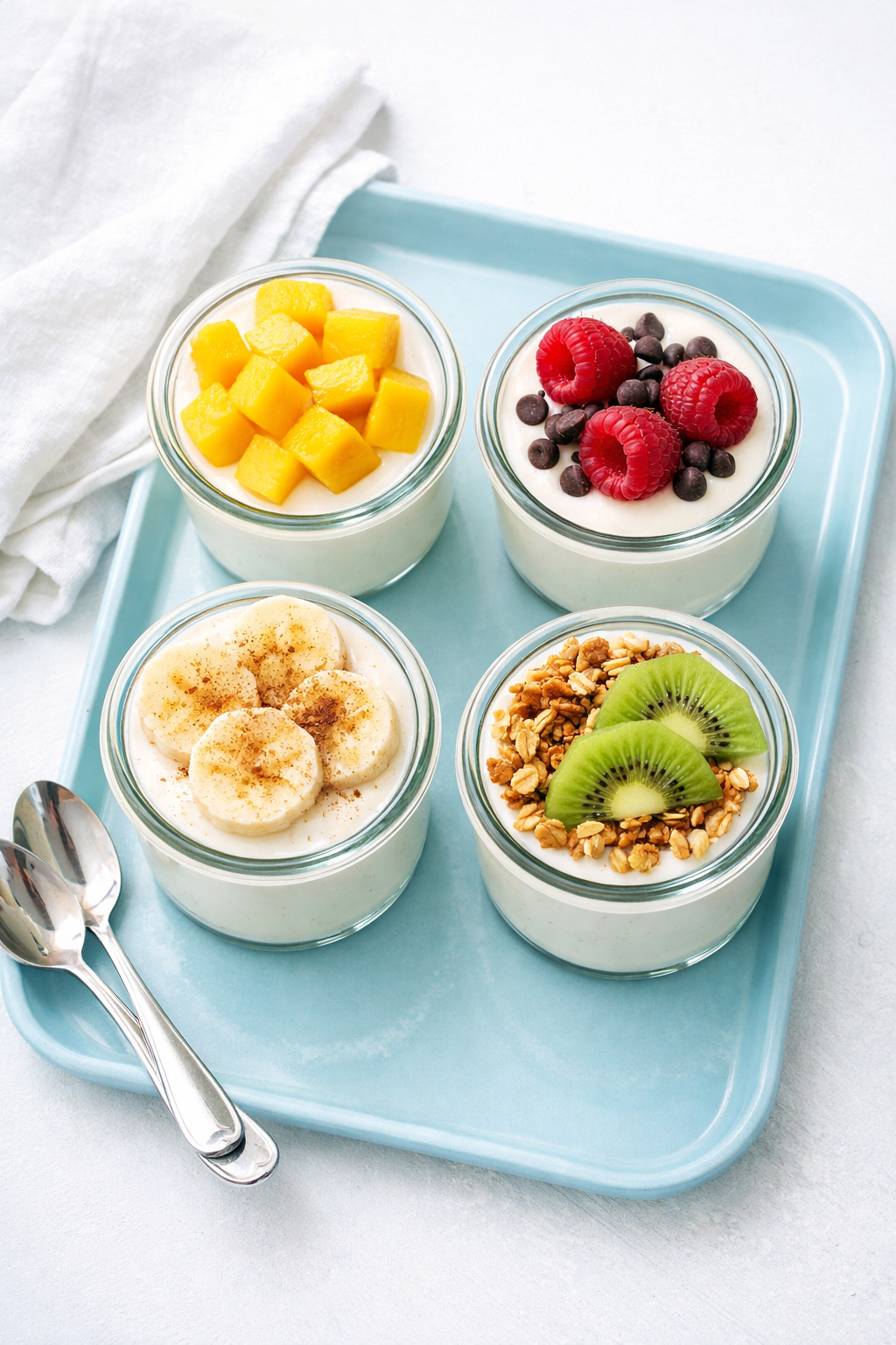 Portrait/Pinterest format () styled top-down shot of four small glass pudding cups arranged in a 2x2 grid, each topped with
