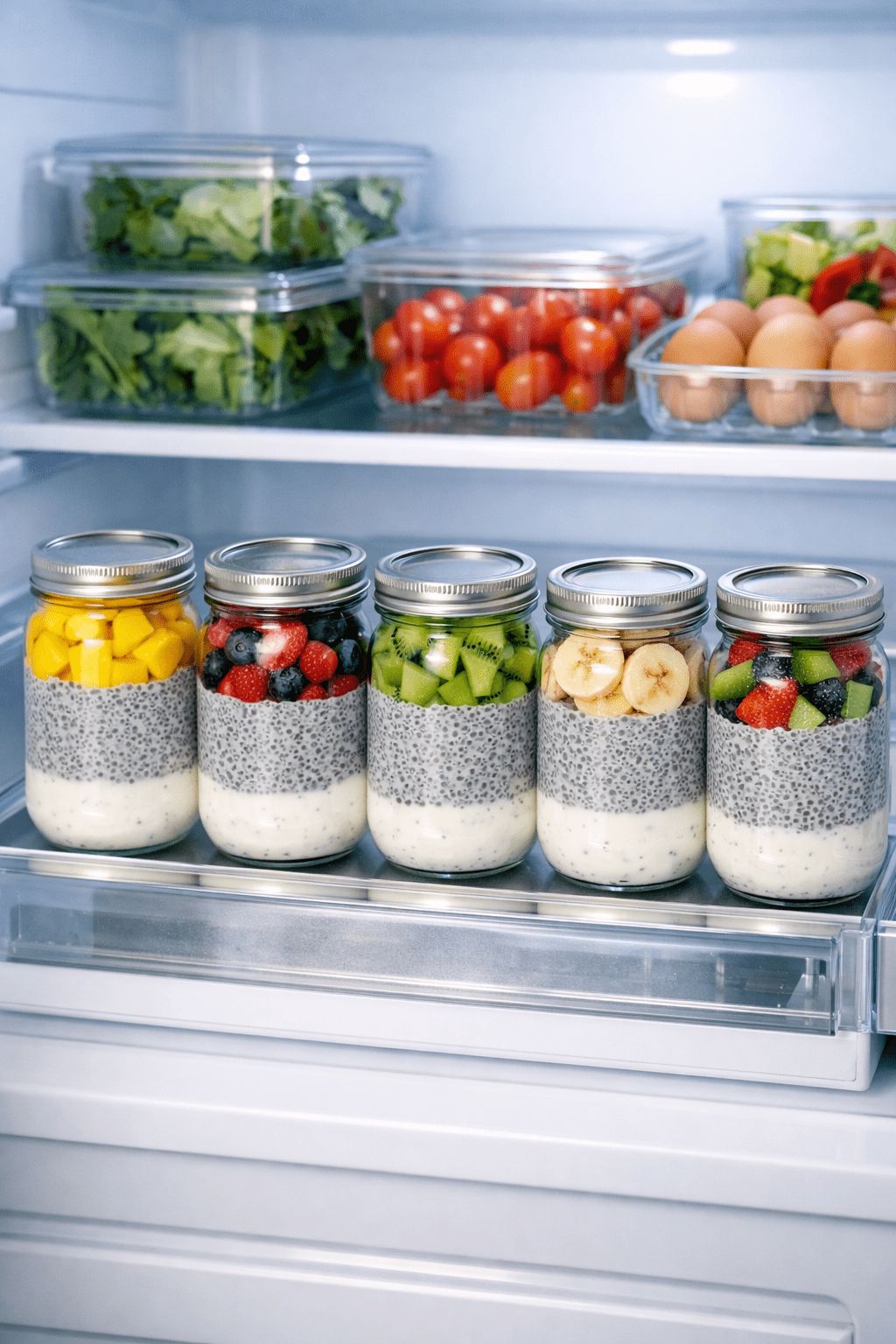 Portrait/Pinterest format () wide-angle meal prep scene showing five glass mason jars filled with layered protein chia seed