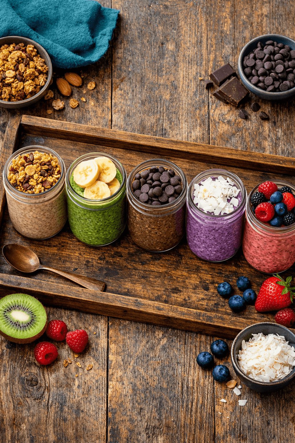 Portrait/Pinterest format () wide overhead shot of five different protein chia pudding variations in mason jars arranged in