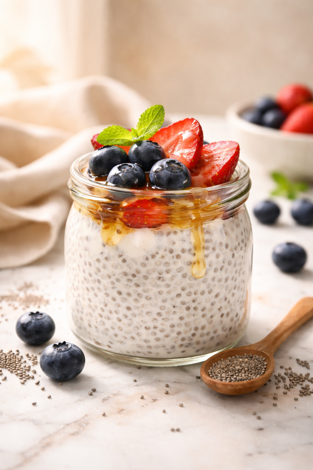 Professional portrait/Pinterest format () hero image of a beautifully styled glass jar filled with thick, creamy white chia