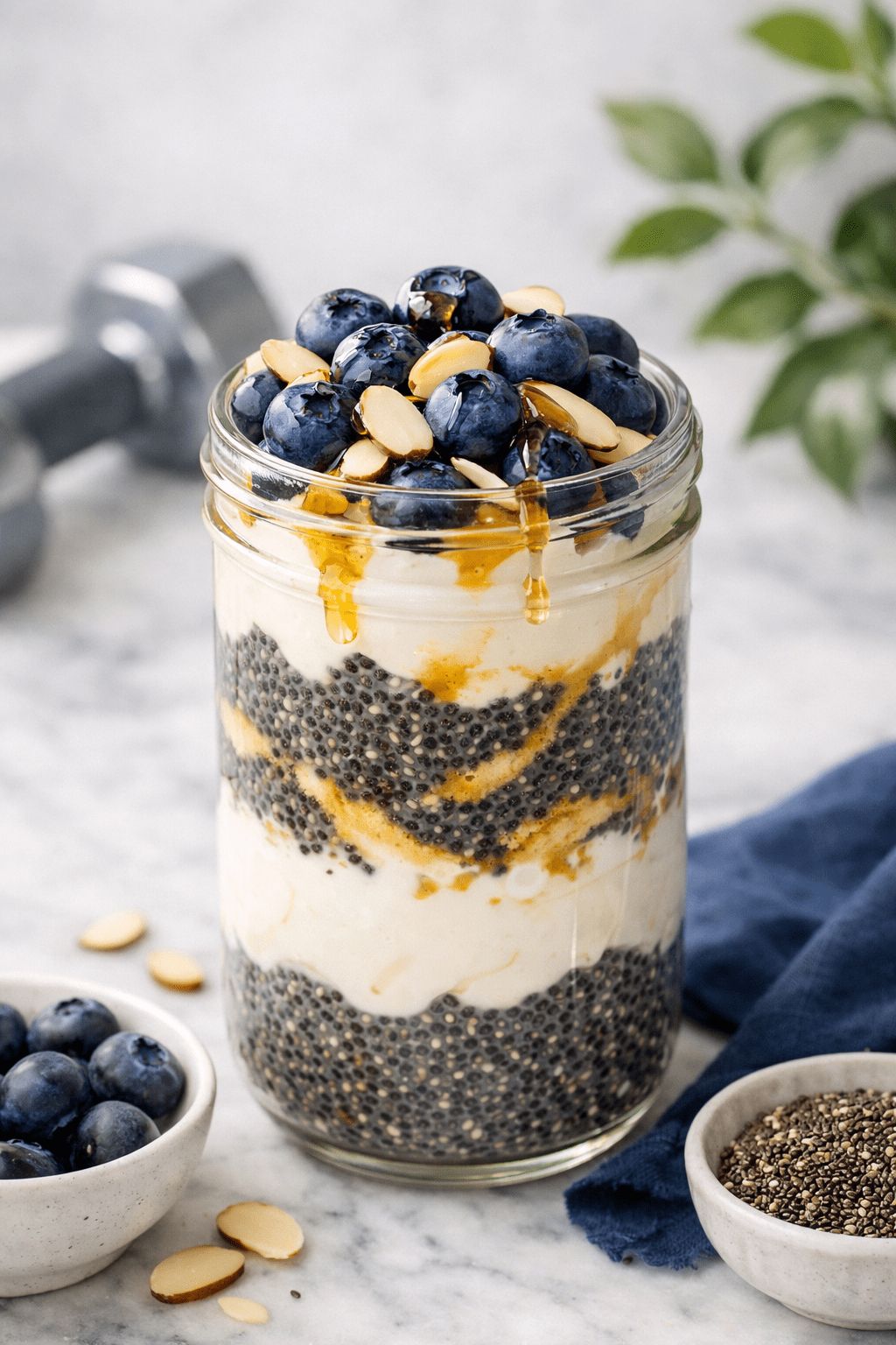 Professional portrait/Pinterest format () hero image of a beautifully styled high-protein chia seed pudding in a tall glass