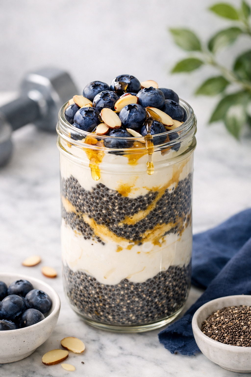 Professional portrait/Pinterest format () hero image of a beautifully styled high-protein chia seed pudding in a tall glass