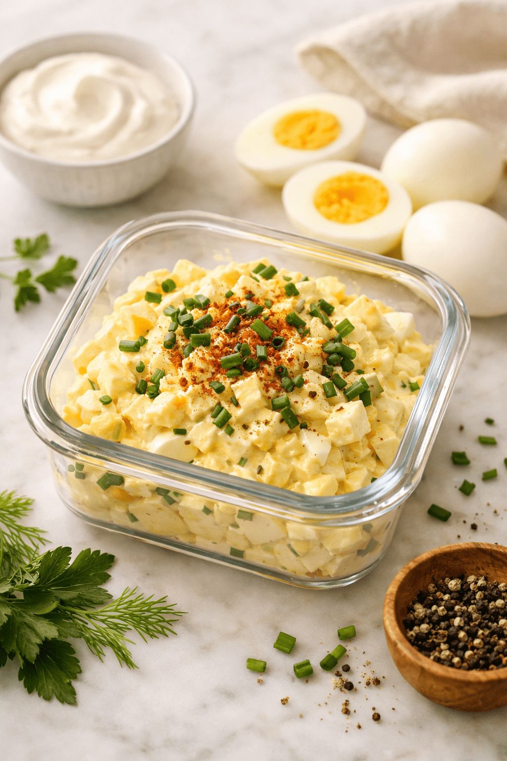 Professional portrait/Pinterest format () hero image showing a beautifully styled glass meal prep container filled with