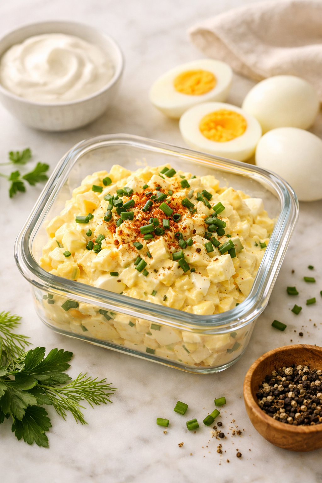 Professional portrait/Pinterest format () hero image showing a beautifully styled glass meal prep container filled with