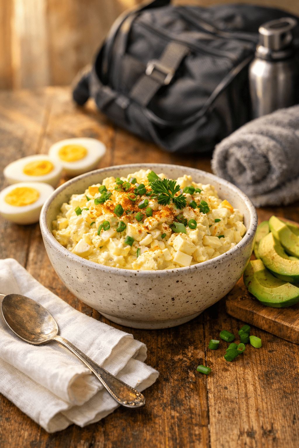 Professional portrait/Pinterest format () hero image showing a rustic wooden table with a beautiful bowl of creamy egg salad