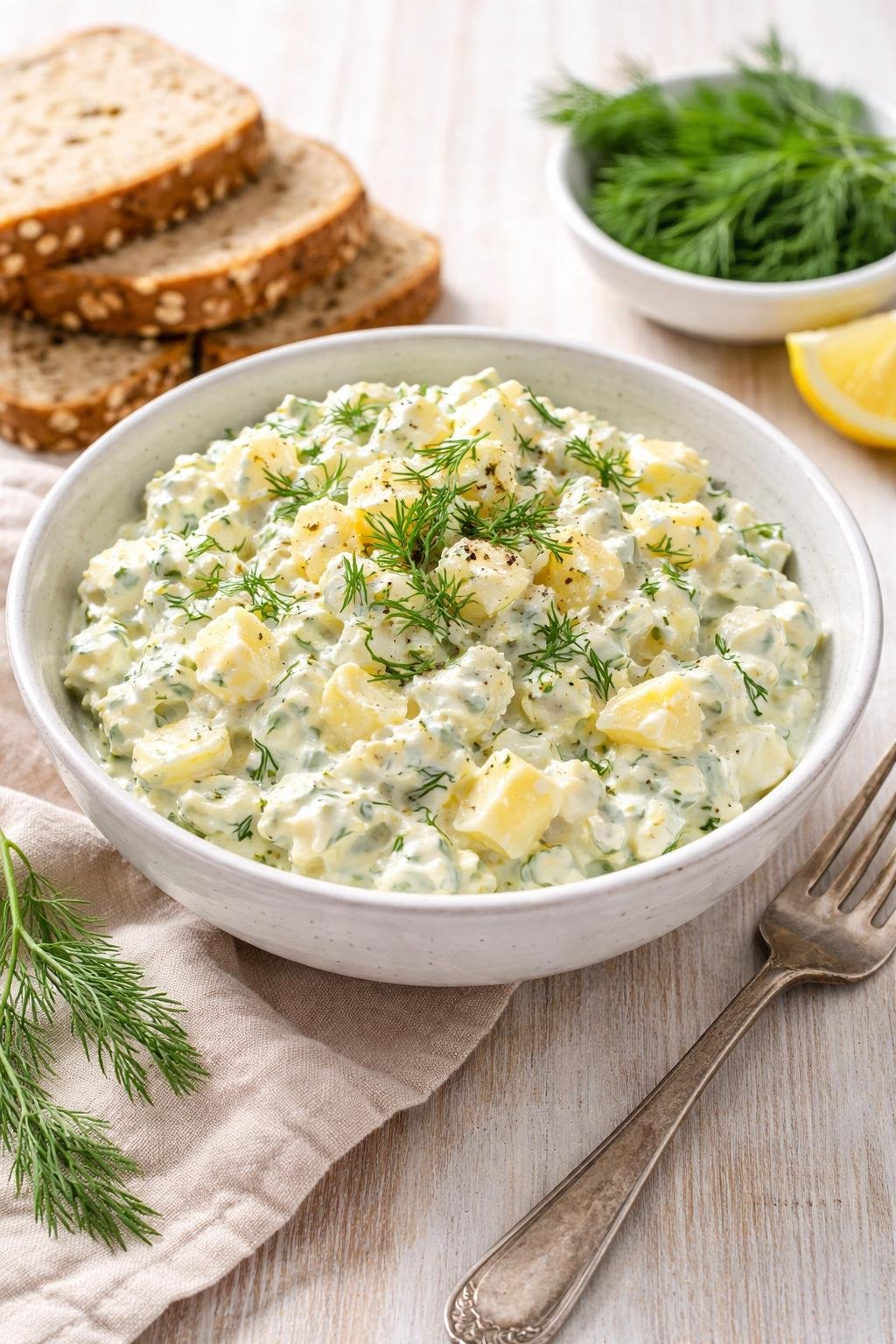A bowl of creamy egg salad with chopped dill on a wooden table, accompanied by slices of bread and fresh dill sprigs.