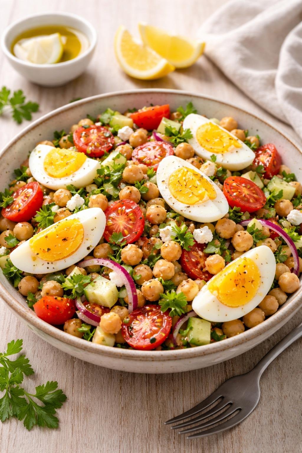 A bowl of Mediterranean chickpea and egg salad with hard-boiled eggs, chickpeas, vegetables, and herbs on a wooden table.