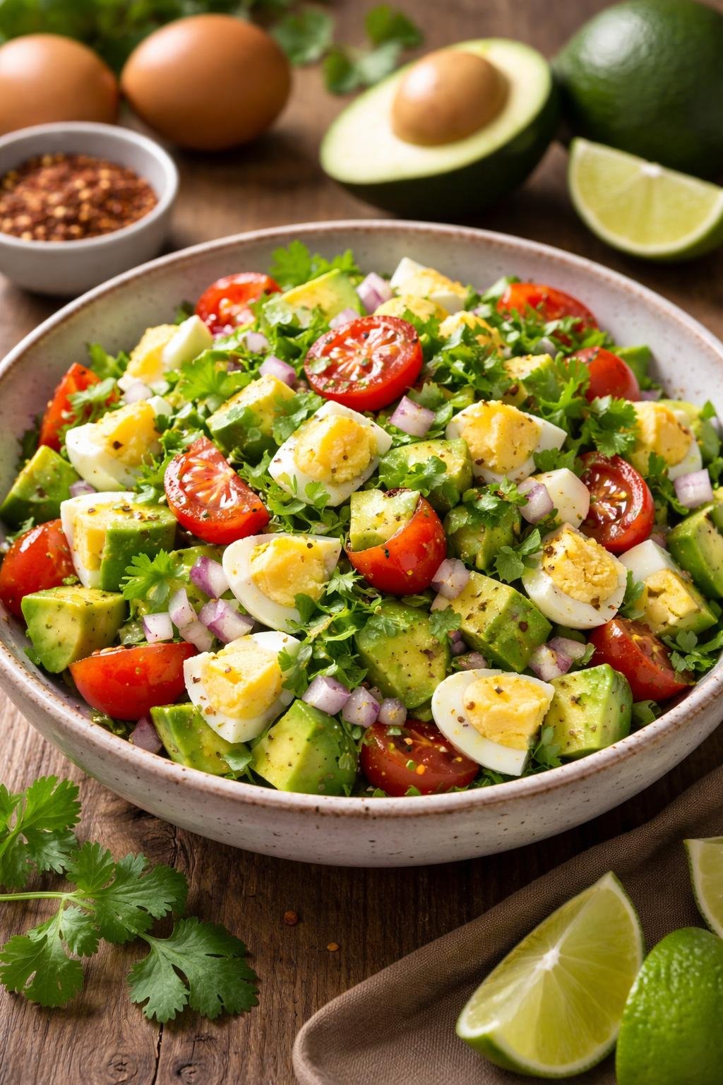 A bowl of Mexican avocado and egg salad with avocado, eggs, tomatoes, onions, and cilantro on a wooden table surrounded by fresh ingredients.