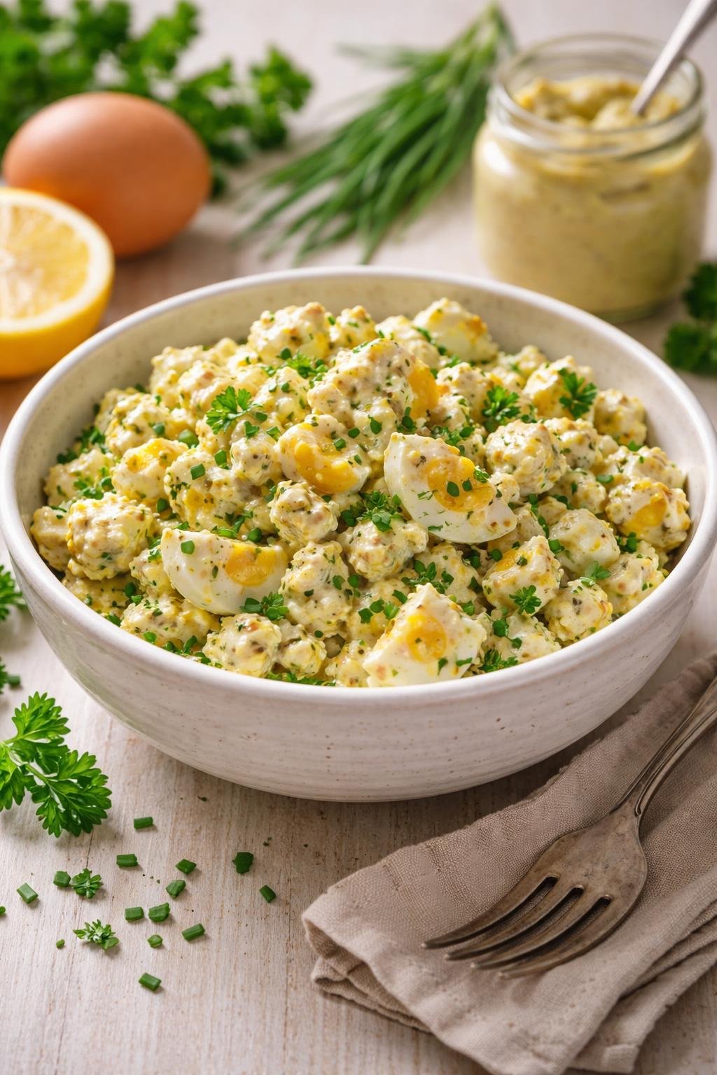 A bowl of French herbed Dijon egg salad with chopped eggs and herbs on a wooden table surrounded by fresh ingredients and a fork.