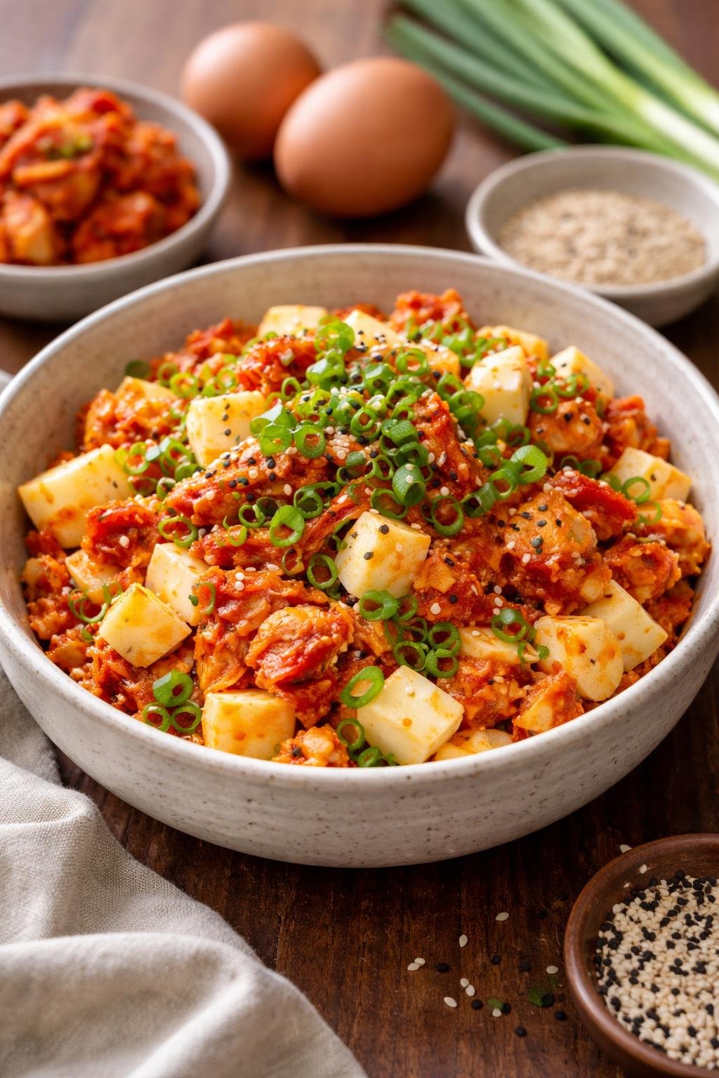 A bowl of Korean kimchi egg salad garnished with green onions and sesame seeds on a wooden table with small dishes of kimchi and fresh ingredients around it.