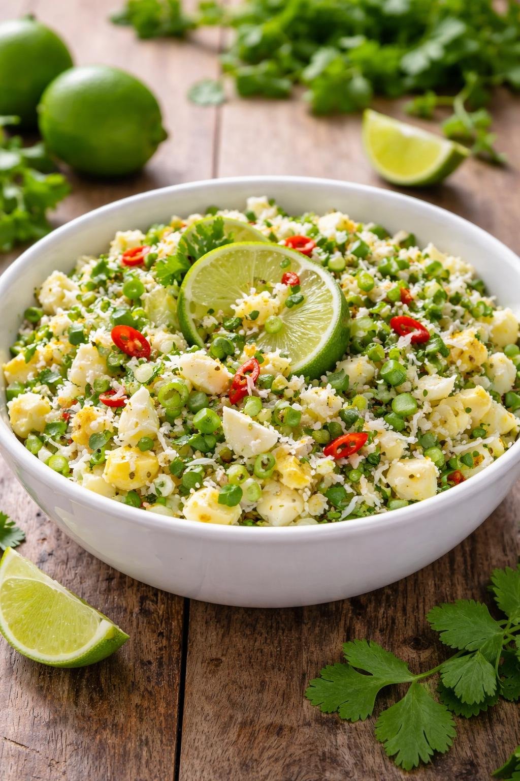 A bowl of Thai Coconut Lime Egg Salad with chopped eggs, lime wedges, chili peppers, and herbs on a wooden table.