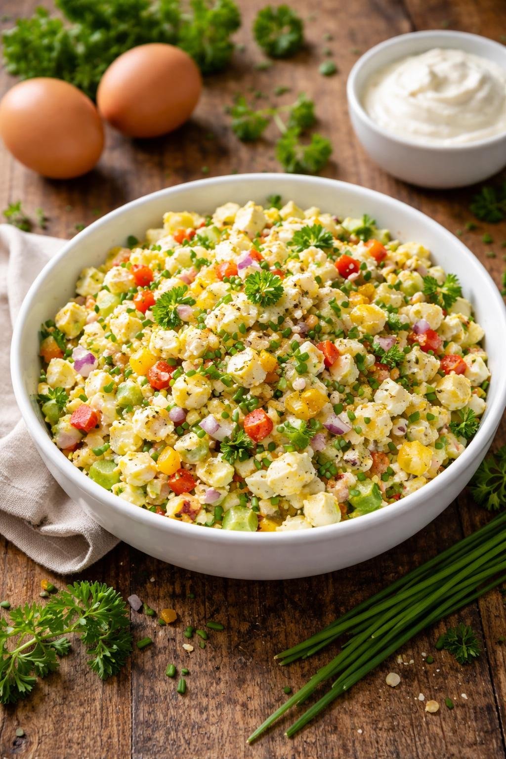 A bowl of fresh egg salad with chopped eggs and vegetables on a wooden table, surrounded by eggs and fresh herbs.