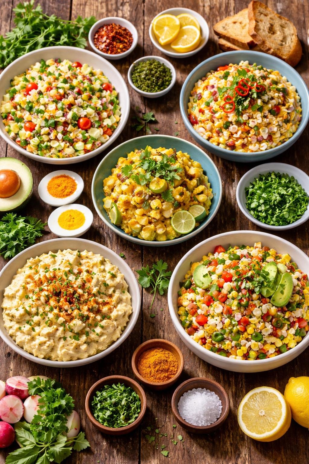 A variety of colorful international egg salad dishes displayed on a wooden table with fresh ingredients and garnishes.