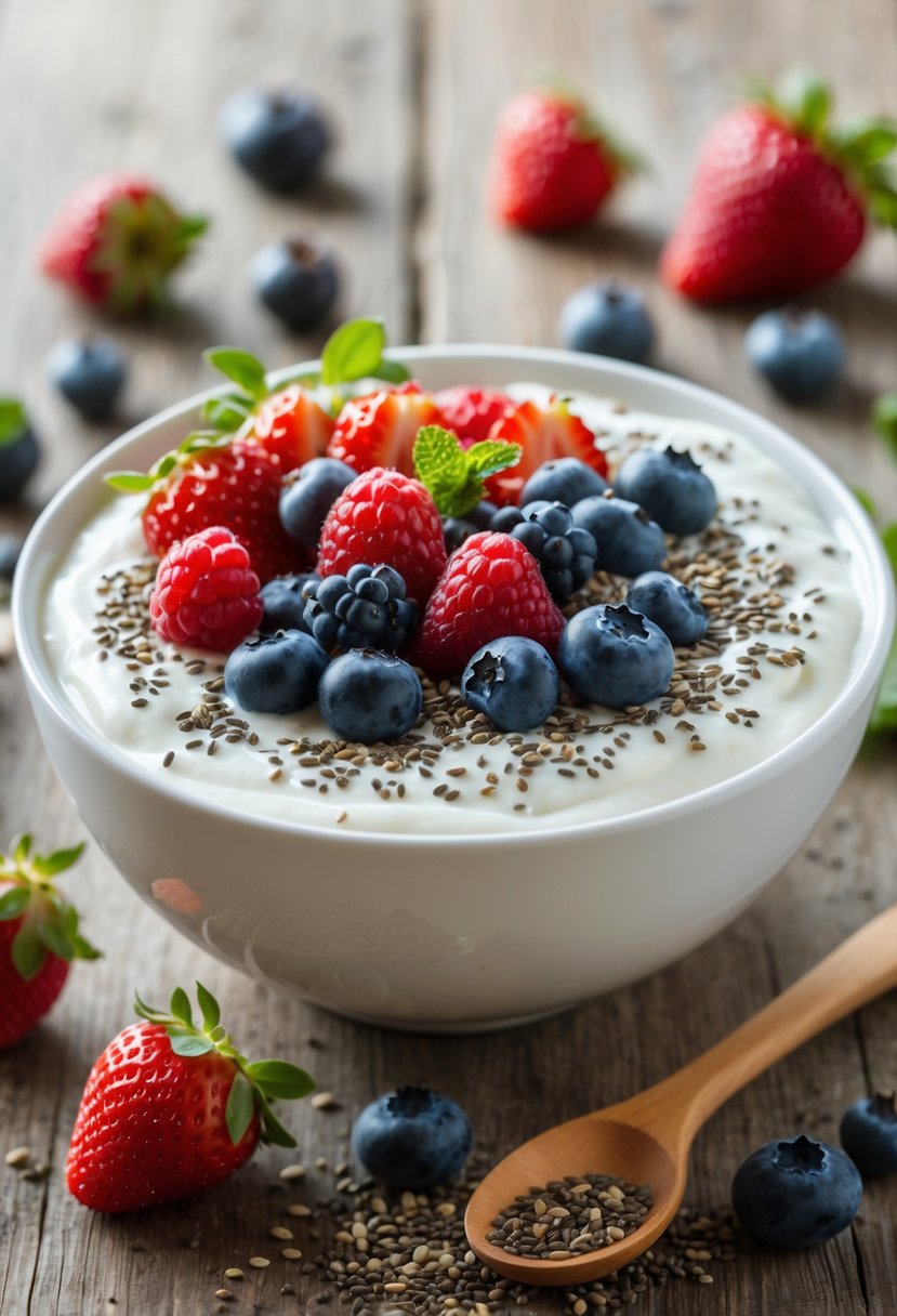 A bowl of Greek yogurt topped with fresh berries and chia seeds on a wooden table.