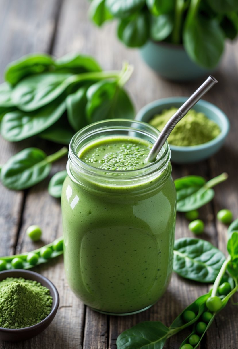 A green protein smoothie in a glass jar surrounded by spinach leaves, pea protein powder, and green peas on a wooden surface.