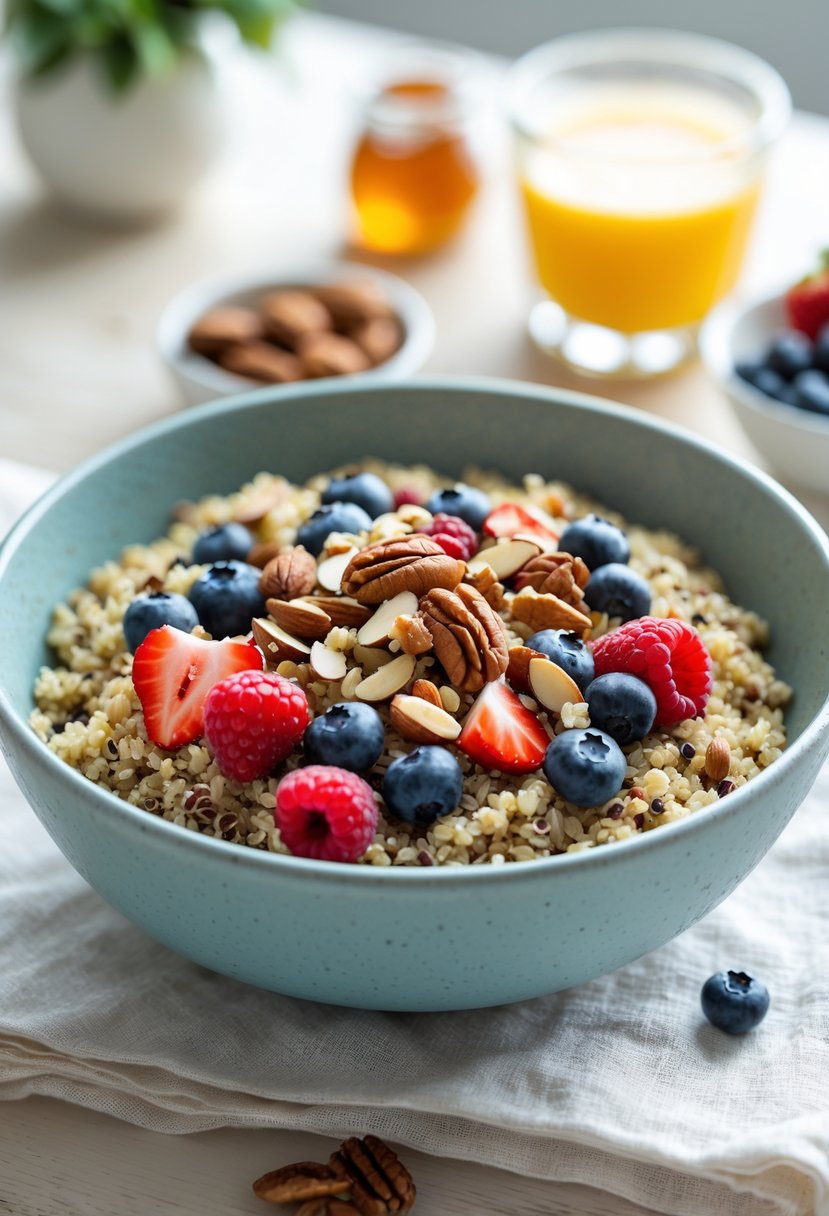A bowl of quinoa topped with fresh berries and mixed nuts on a wooden table with a glass of orange juice in the background.