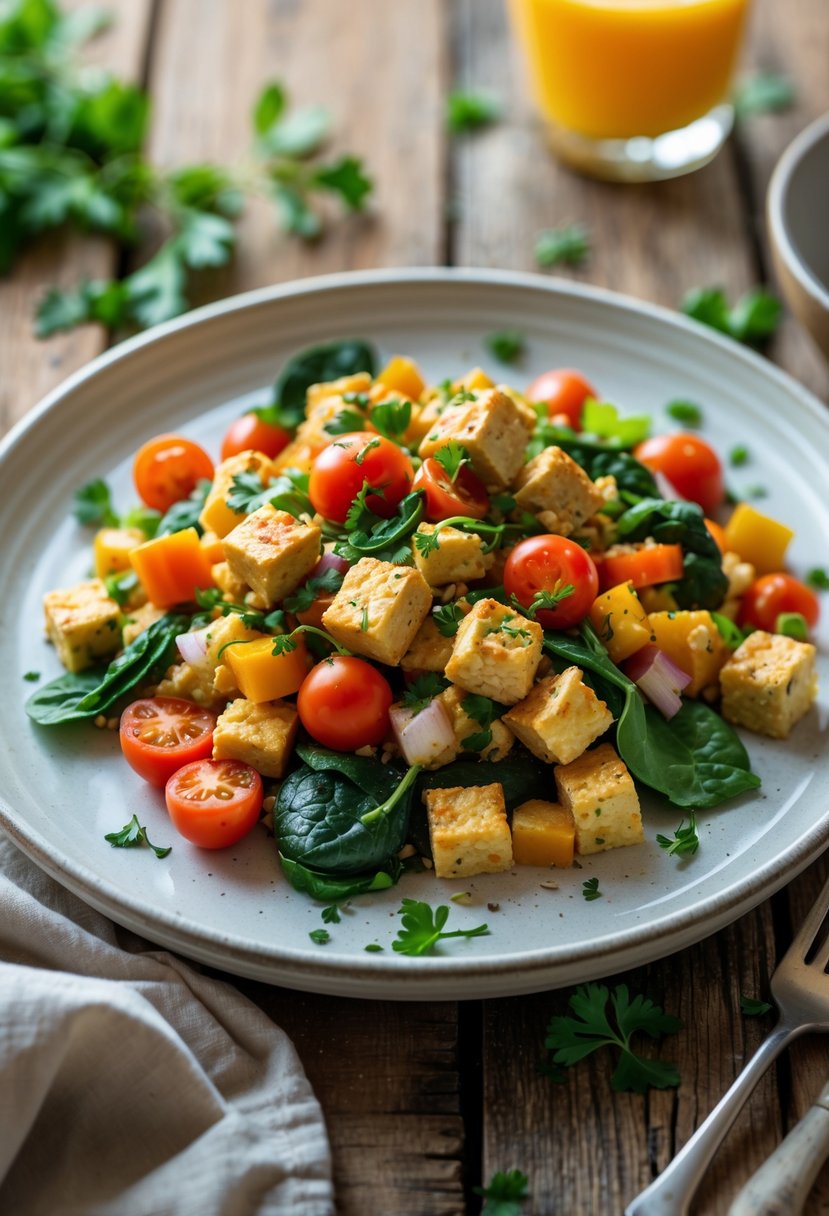 A plate of tofu scramble with mixed vegetables on a wooden table, garnished with fresh herbs.