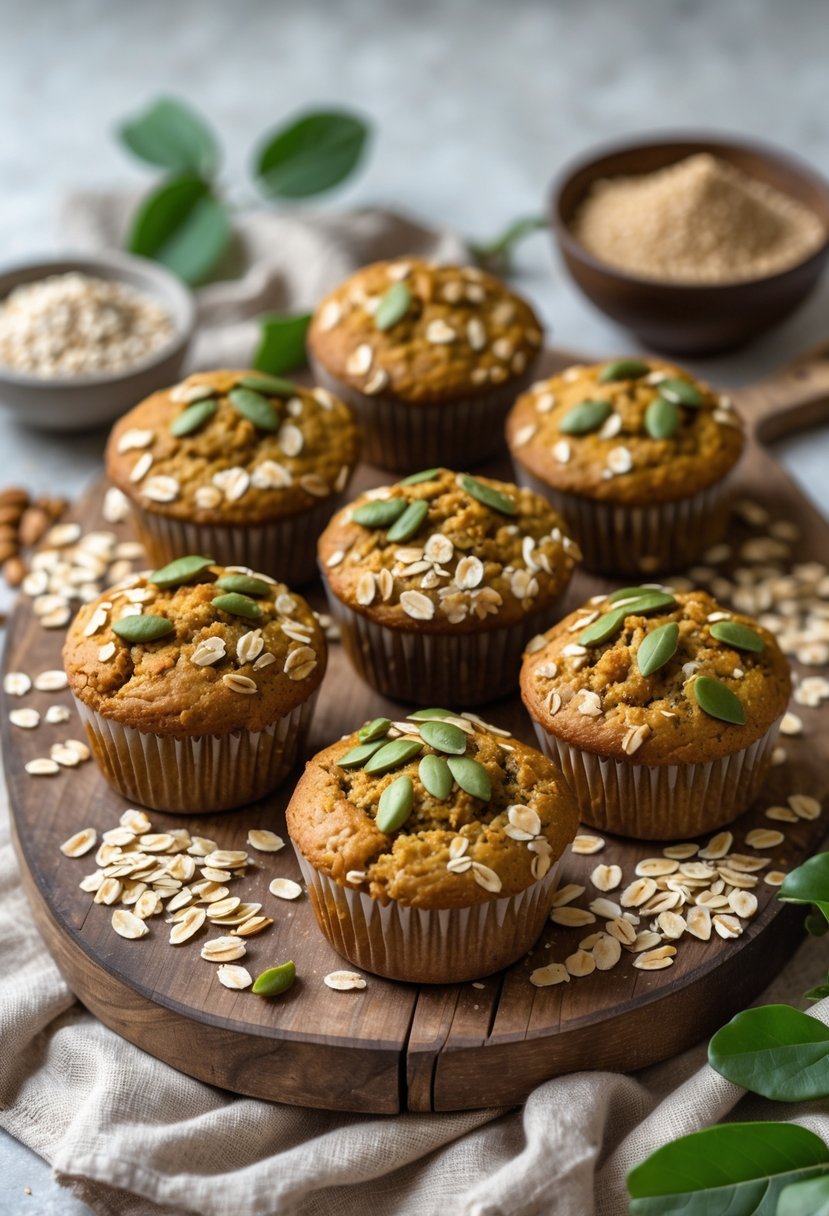 Freshly baked vegan protein muffins with oats and pumpkin seeds arranged on a wooden board with scattered oats and seeds around.