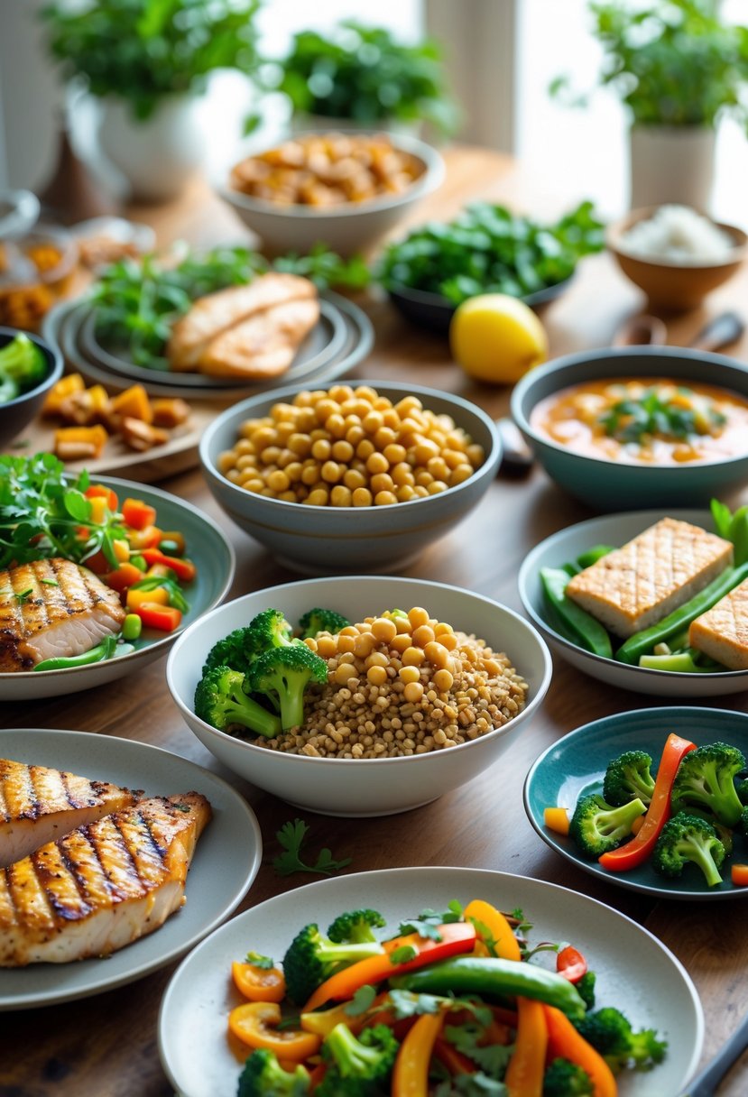A table with various high-protein meals including grilled chicken, quinoa salad, lentil stew, salmon with broccoli, and tofu stir-fry.
