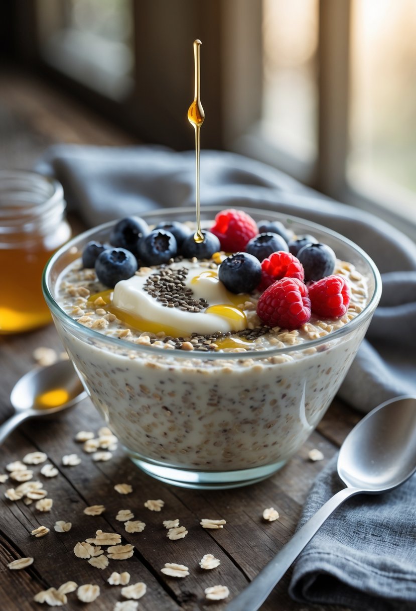 A bowl of overnight protein oats topped with Greek yogurt and fresh berries on a wooden table with morning light.