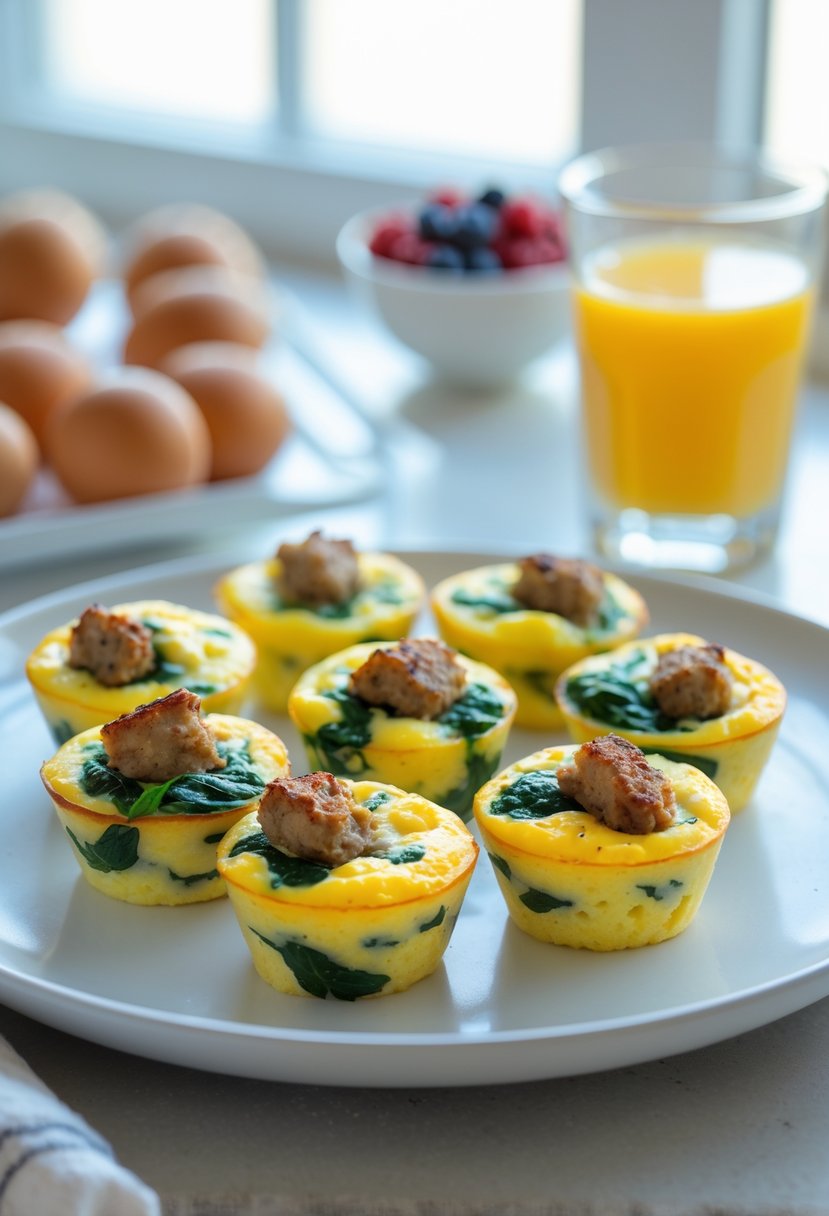 A plate of egg muffins with spinach and sausage on a kitchen counter with a glass of orange juice and a bowl of berries in the background.