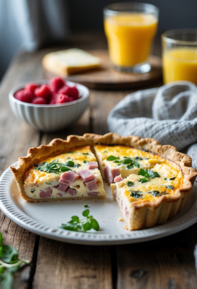 A sliced quiche with ham and cheese on a white plate on a wooden table, with a glass of orange juice and a bowl of berries in the background.