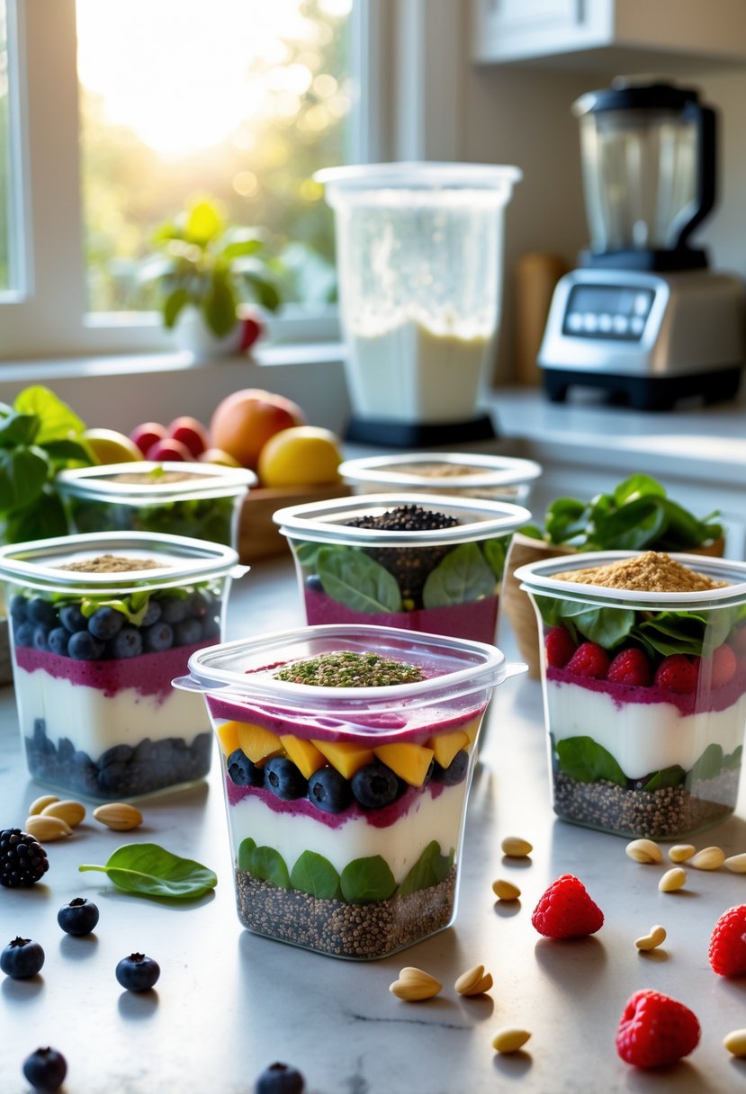 Clear containers filled with colorful smoothie ingredients arranged on a kitchen counter with fresh fruits and a blender in the background.