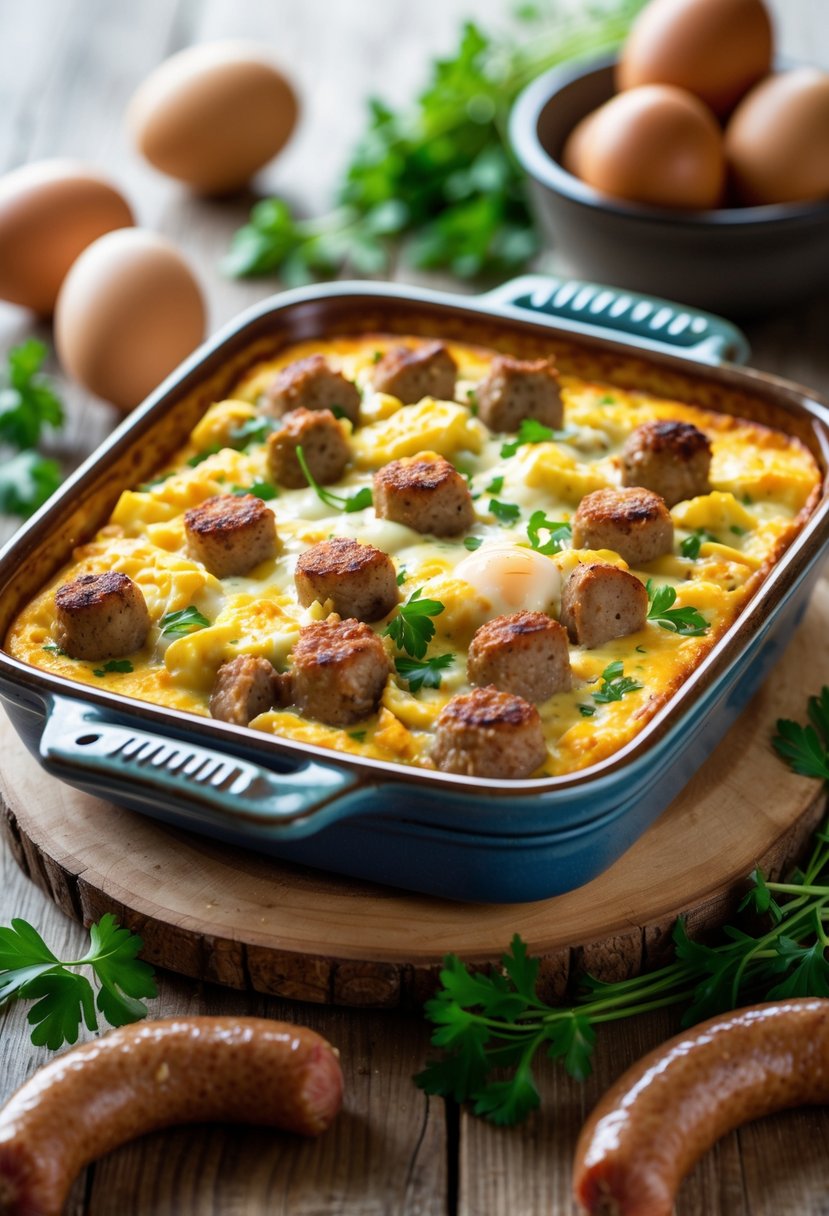 A freshly baked breakfast sausage and egg casserole in a ceramic dish on a wooden table with fresh ingredients around it.