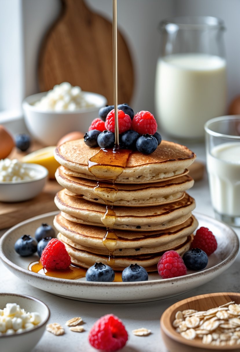 A stack of protein pancakes topped with fresh berries and syrup on a white plate in a bright kitchen setting.