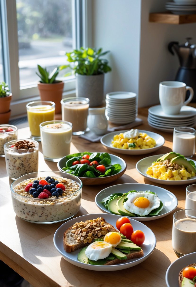 A kitchen table with various high-protein breakfast dishes including eggs, yogurt parfaits, smoothies, and toast, lit by natural morning light.