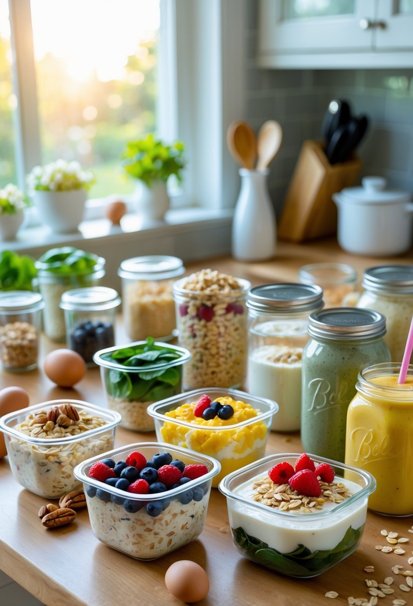 A kitchen countertop with various prepared high-protein breakfast dishes in containers, including eggs, yogurt parfaits, overnight oats, and smoothies, with fresh ingredients around them.