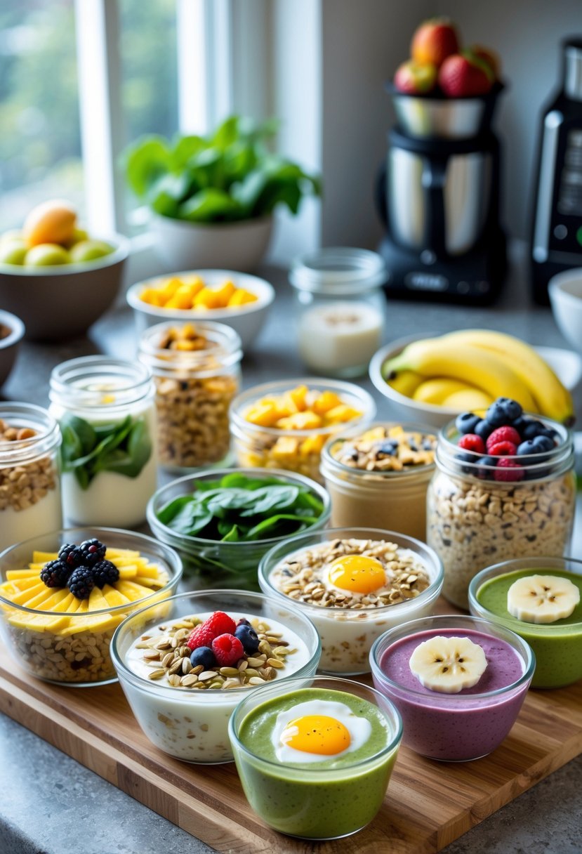 A kitchen countertop with a variety of prepared high-protein breakfast dishes including egg muffins, yogurt parfaits, overnight oats, and smoothie bowls, with natural light coming through a window.