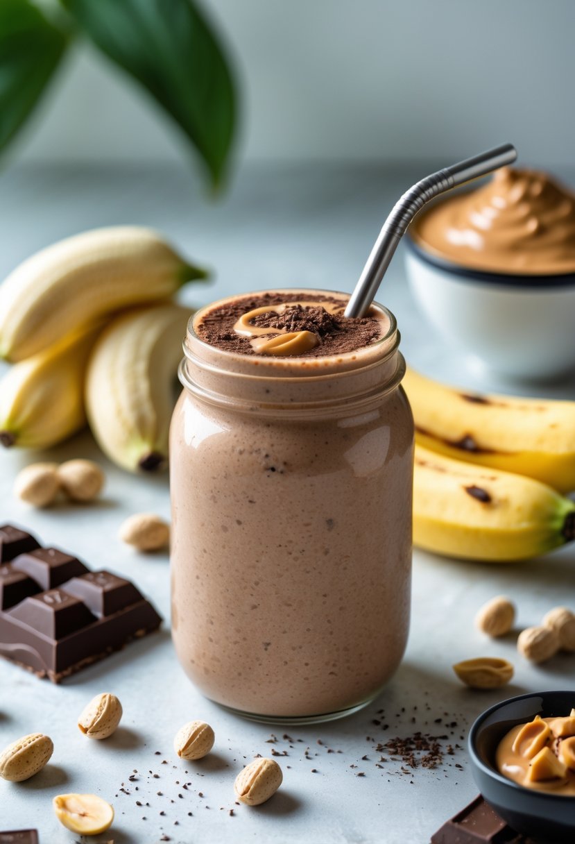 A glass jar filled with a chocolate peanut butter smoothie surrounded by peanuts, banana, dark chocolate, and peanut butter on a kitchen countertop.