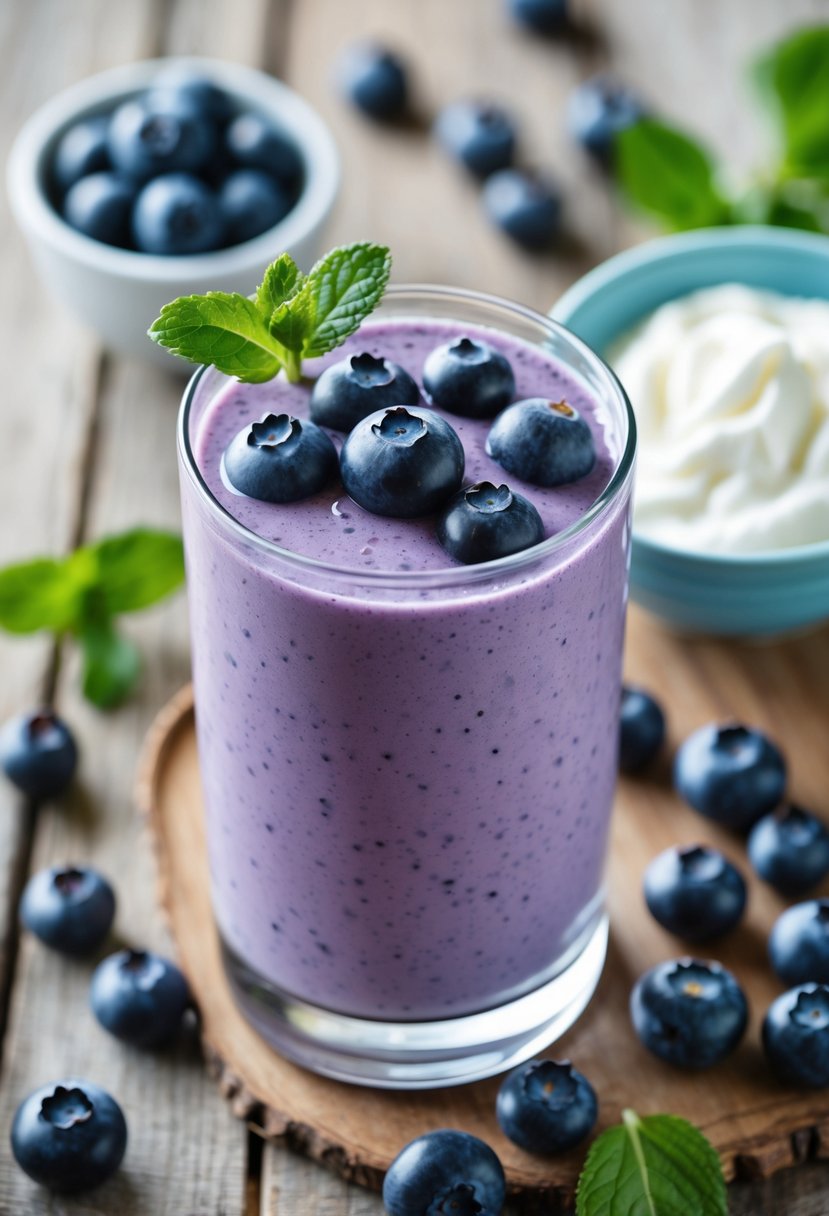 A glass of blueberry Greek yogurt smoothie topped with fresh blueberries and mint on a wooden surface with scattered blueberries and a bowl of yogurt nearby.