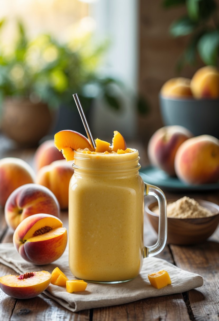 A glass jar filled with a peach mango smoothie topped with fruit slices, surrounded by fresh peaches, mangoes, and collagen powder on a wooden table.