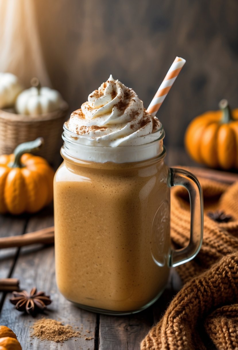 A glass jar filled with a creamy pumpkin spice protein shake topped with whipped cream and cinnamon, surrounded by small pumpkins and autumn spices on a wooden table.