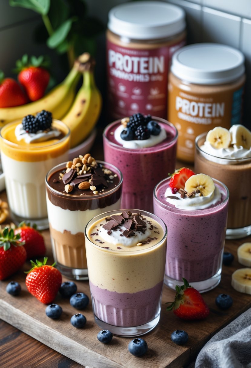 A kitchen countertop with several colorful protein smoothies in clear glasses topped with fresh fruits and nuts, surrounded by fresh ingredients and protein powder containers.
