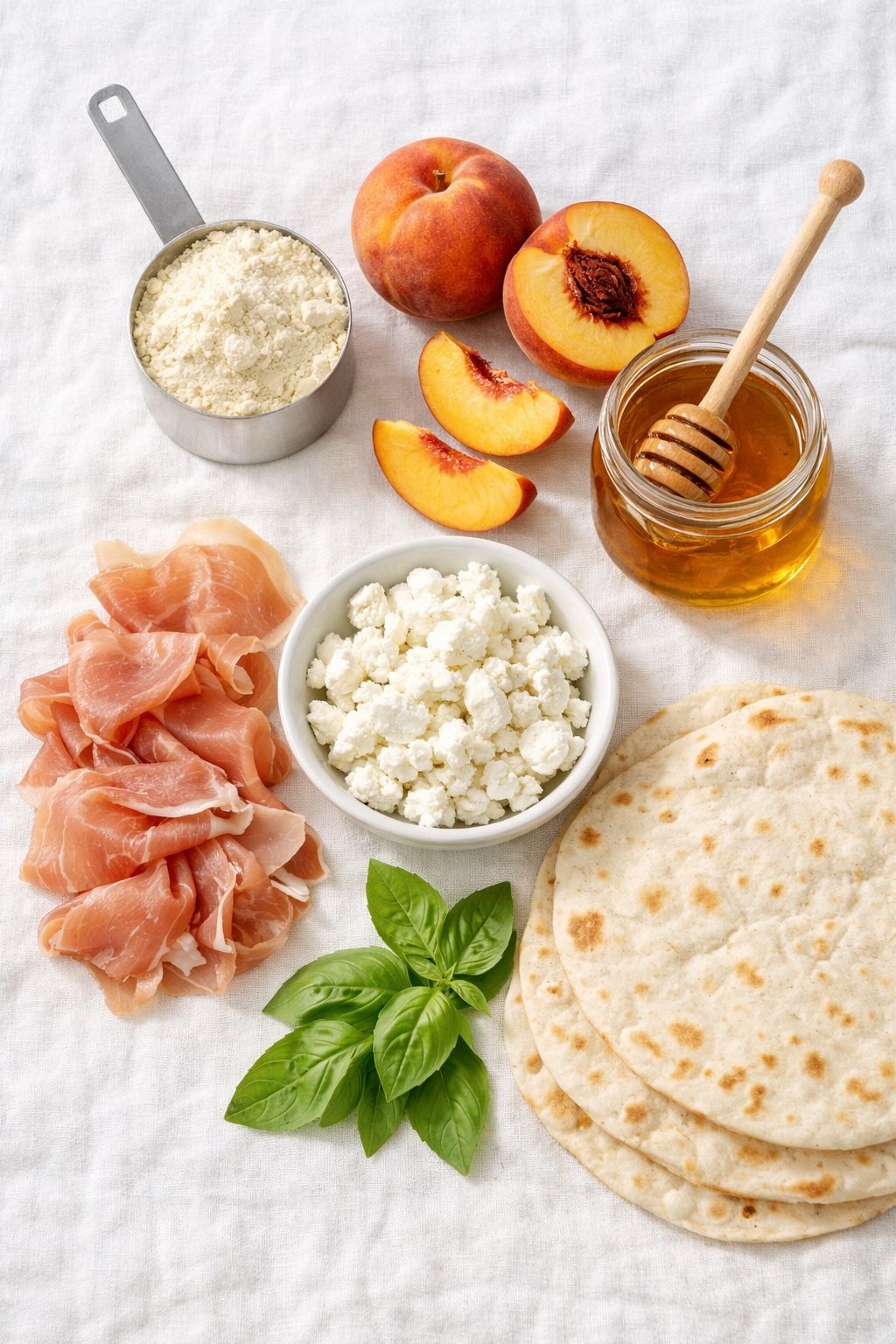 Bright airy top-down flat lay of protein wrap ingredients spread across a white linen surface including vanilla protein