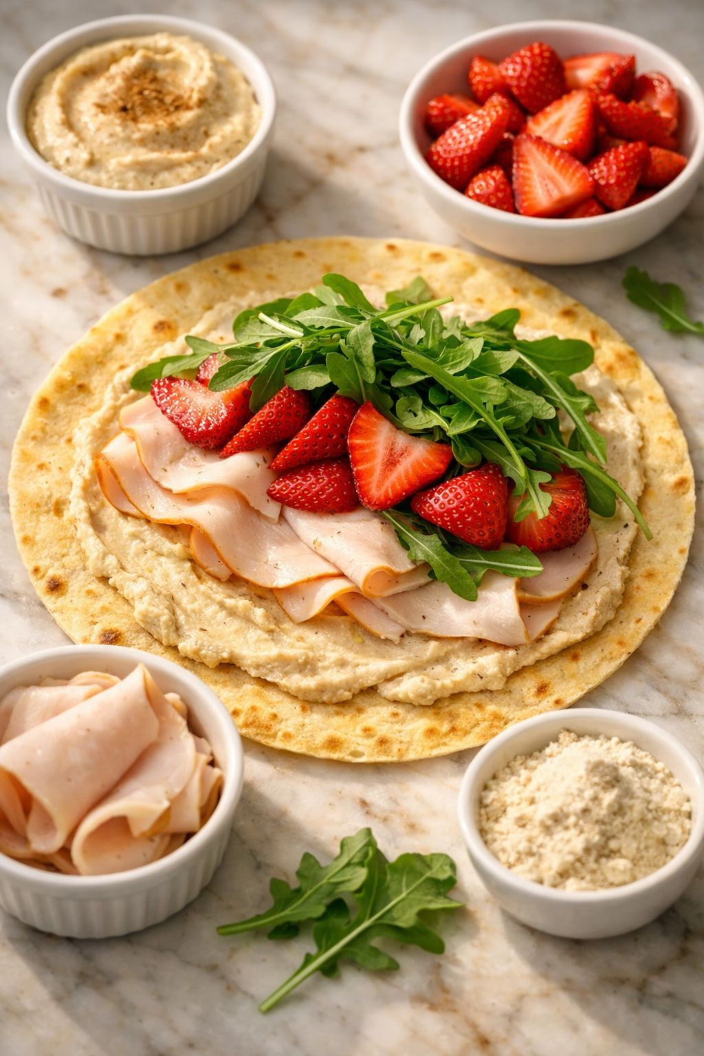 Close-up overhead shot of a vanilla protein wrap being assembled on a marble countertop, showing layers of vanilla-spiced