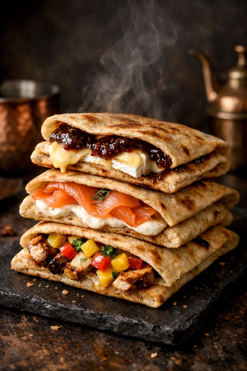 Dramatic side-angle shot of a stack of three different protein flatbreads on a slate board, each showing distinct