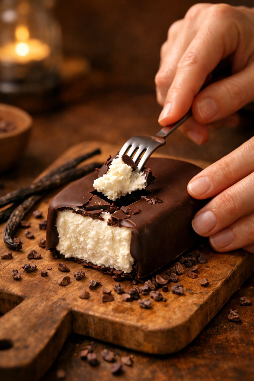 Portrait/Pinterest format () action shot from a 45-degree angle of a person's hands using a fork to scoop into a thick slice