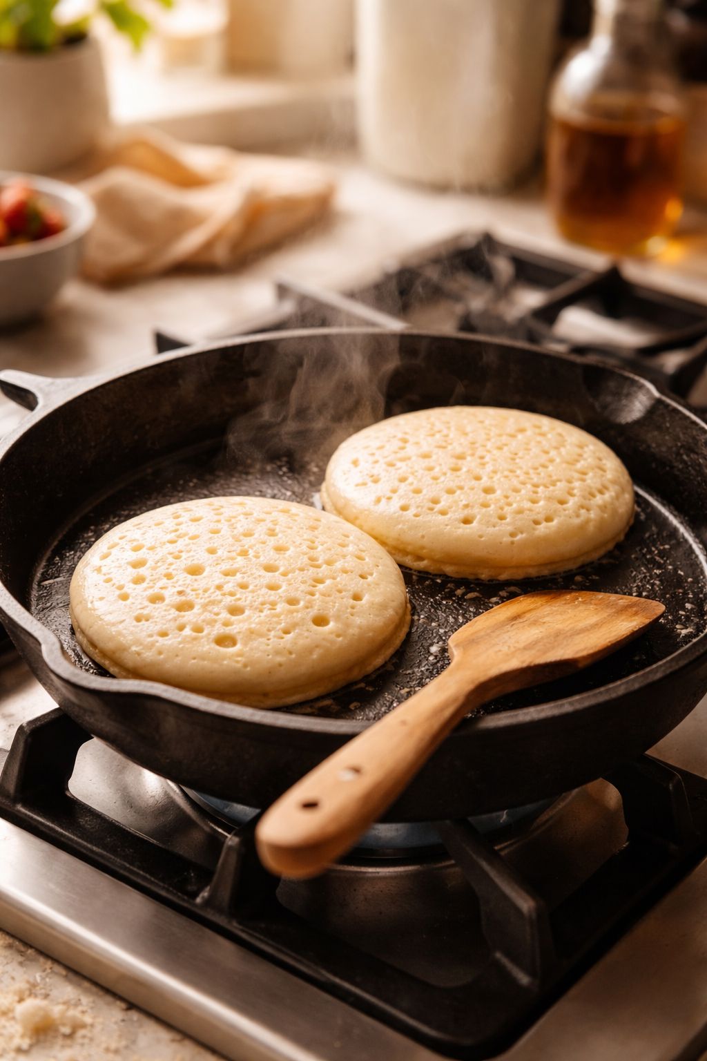 Portrait/Pinterest format () action shot from a slightly elevated angle showing a cast iron skillet on a modern gas stove