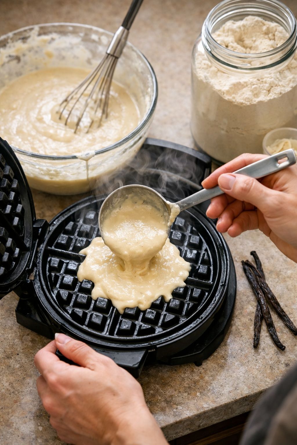 Portrait/Pinterest format () action shot from above of a person pouring thick vanilla protein waffle batter into a round