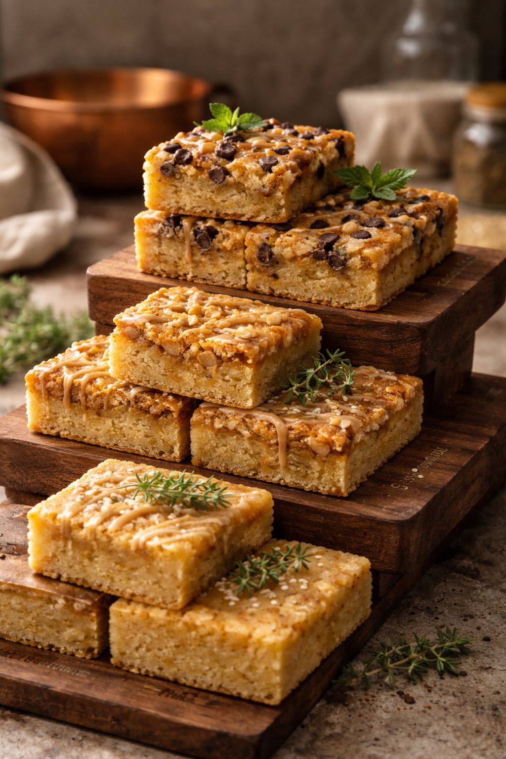 Portrait/Pinterest format () angled side-view shot of a tiered wooden board displaying four different protein blondie