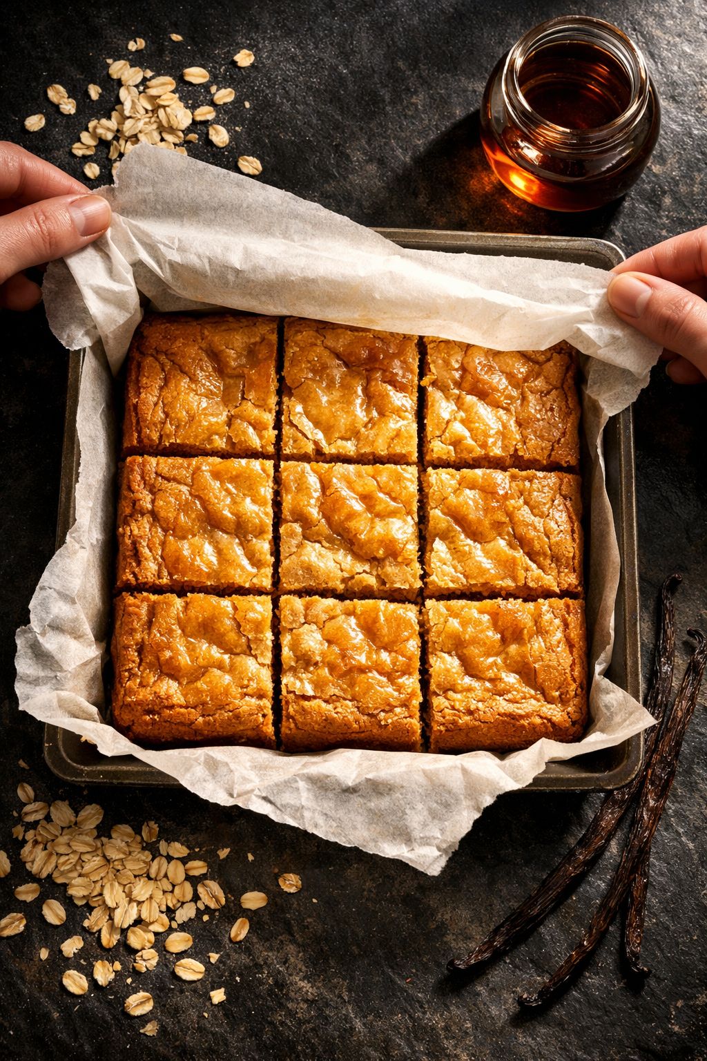 Portrait/Pinterest format () bird's-eye view of a baking pan lined with parchment paper being lifted to reveal perfectly