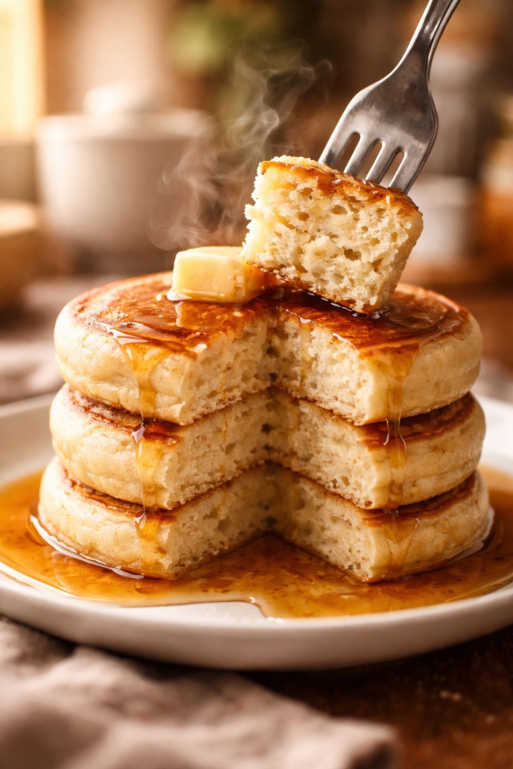 Portrait/Pinterest format () close-up macro shot of a fork cutting into a tall stack of three fluffy vanilla protein