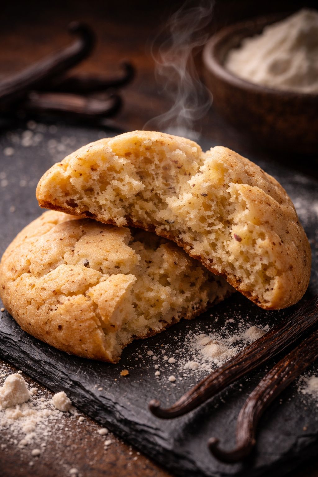 Portrait/Pinterest format () close-up macro shot of a freshly baked soft vanilla protein cookie broken in half to reveal a